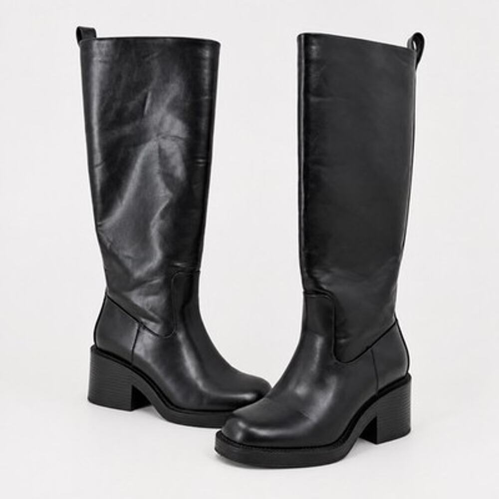 Zara Block Heel Tall Boots US 6 EU 36 Black Faux Leather Pull-on Riding Classic
